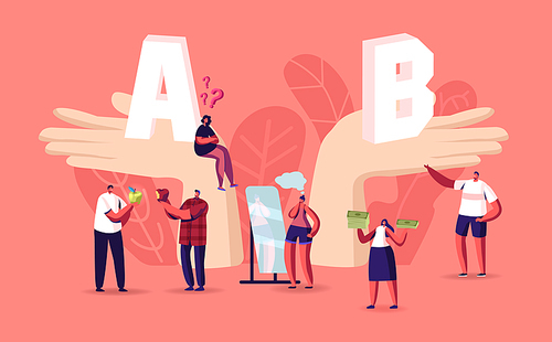 People Make Important Decision. Tiny Male and Female Characters at Huge Hands with A and B Comparison, Choice, Pros and Cons Concept. Choose Advantages and Disadvantages. Cartoon Vector Illustration