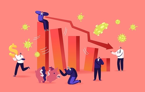 Negative Covid19 Impact on Investment Price. Coronavirus Outbreak and Global Economy Crisis, Financial Crash. Stock Market Chart Fall and Upset Business People Characters. Cartoon Vector Illustration