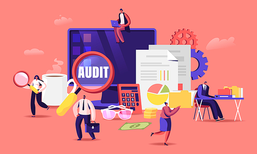 Financial Administration and Audit Concept. Consulting for Company Performance, Analysis, Statistics and Business Statement. Accounting, Report, Auditing Tax Process. Cartoon Flat Vector Illustration