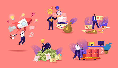 Business Lifecycle Concept. Businessman Character Achieve Success from Startup Project Launch, Development, Crisis Overcome, Hard Work and Richness, Life Cycle. Cartoon People Vector Illustration