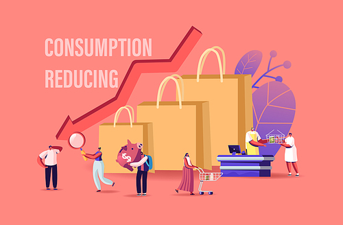 Tiny Male and Female Customers Characters Shifting the Basket of Goods and Services Consumed from Higher-emitting to Lower-emitting Items, Saving Money Expenses. Cartoon People Vector Illustration