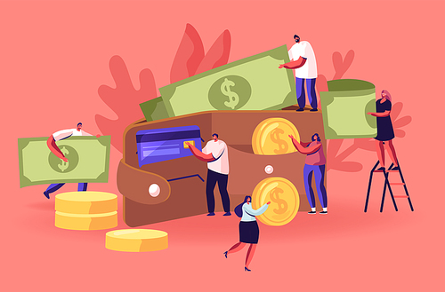 Business People Walking around of Huge Purse Full of Money. Cash and Credit Cards Concept, Tiny Men and Women Characters Holding Huge Golden Coins and Currency Bills. Cartoon Flat Vector Illustration
