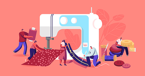 Tailor Characters Repair Clothes, Creative Atelier Fashion Design Concept, Tiny Dressmakers Create Outfit and Apparel on Huge Sewing Machine, Textile Craft Business. Cartoon People Vector Illustration