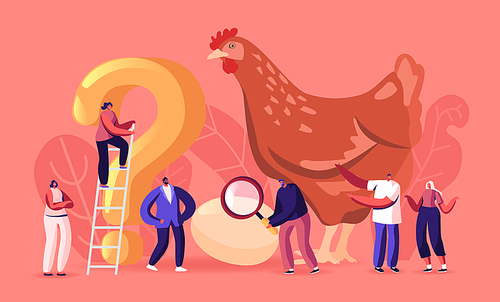 Paradox Which Came First Chicken or Egg Concept. Causality Dilemma, Chicken-and-egg Metaphoric Adjective. Tiny Male and Female Characters at Huge Hen with Question. Cartoon People Vector Illustration