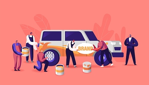 Characters Painting Car Making Airbrushing, Changing Wheels, Automobile Workers with Instruments Doing Vehicle Modification at Auto Service. Car Body Shop, Upgrade. Cartoon People Vector Illustration