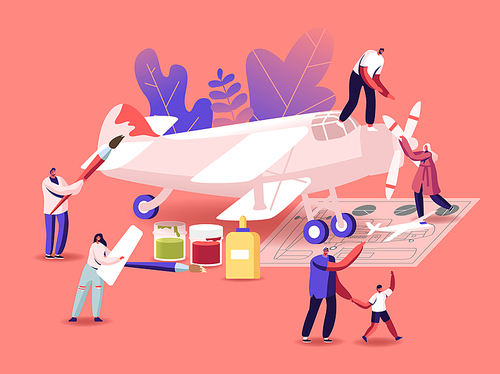 Aircraft Modeling Concept. Tiny Male and Female Characters Assembling and Painting Huge Airplane Model, Put Propeller Using Scheme, Father and Son Creative Hobby. Cartoon People Vector Illustration