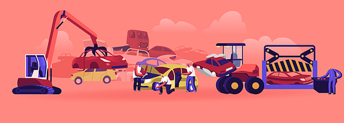 Car Dump Concept. Industrial Crane Claw Grabbing Old Car for Recycling, Automobiles Utilization Characters Dismantling Auto for Scrap Metal Put off Parts and Wheels. Cartoon People Vector Illustration
