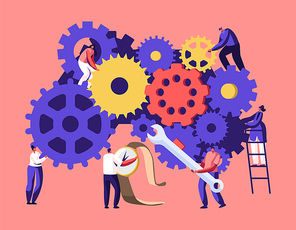 Tiny Men and Women Characters on Ladders with Repair Tools and Instruments Fixing Broken Clocks and Watches. Huge Mechanism Made of Gears and Cogwheels, Time Concept. Cartoon Flat Vector Illustration