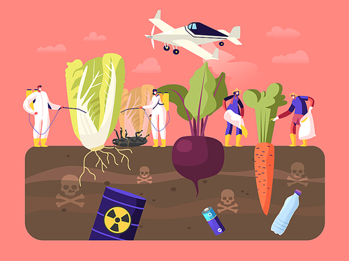 Pest Control Workers Characters in Chemical Protective Suit and Mask Spraying Insecticides and Pesticides with Sprayers, Huge Vegetables in Toxic Polluted Soil. Cartoon People Vector Illustration