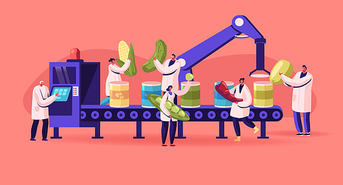 Canning Factory Working Process. Production of Canned Vegetables. Workers Put Fresh Veggies and Greens to Tins on Conveyor Belt. Farmers Products Manufacture Industry. Cartoon Flat Vector Illustration