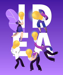 Creative Idea Inspiration Bulb Character Typography Poster. Business Brainstorm Communication Conceptual Banner Template. Education Conceptual Purple Vertical Card Vector Flat Cartoon Illustration