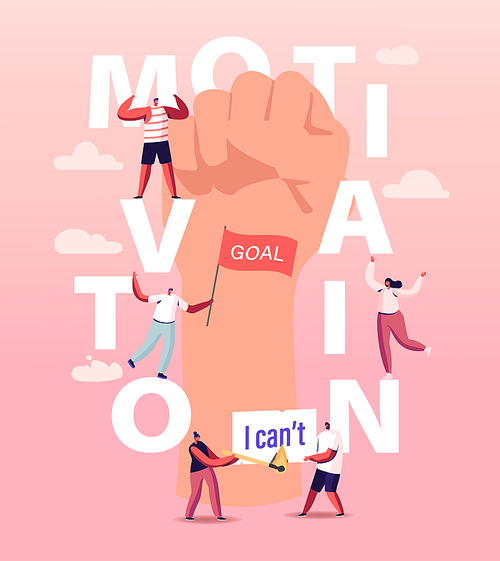 Motivation and Aspiration Concept. Characters Overcome Obstacles, Goal Achievement, Take New Heights. Human Inner Resources, Huge Raised Fist Poster Banner Flyer. Cartoon People Vector Illustration