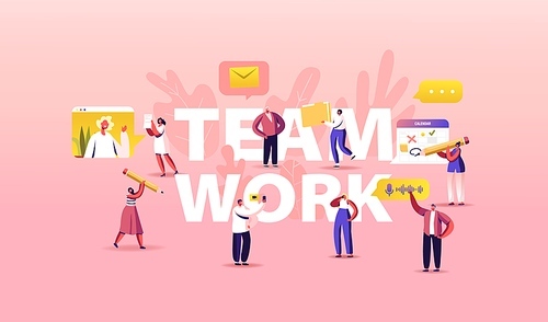 Team Work Concept. Businesspeople Teamwork Cooperation, Office Employees Collective Work, Partnership Business Meeting. Characters Work Together Poster Banner Flyer. Cartoon People Vector Illustration