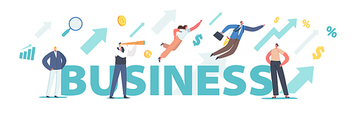 Business Concept. Successful Leadership, Financial Success, Career Growth. Tiny Characters and Growing Arrow Charts, Man with Spyglass Poster, Banner or Flyer. Cartoon People Vector Illustration