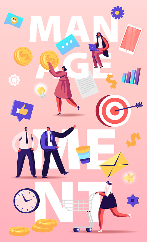 Management Concept. Business Process of Dealing or Controlling Things or People. Male and Female Characters Working in Office, Earning Money, Goals Poster Banner Flyer. Cartoon Vector Illustration