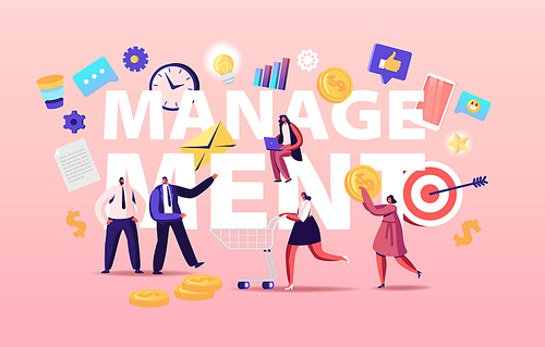 Management Concept. Business Process of Dealing or Controlling Things or People. Male and Female Characters Working in Office, Earning Money, Goals Poster Banner Flyer. Cartoon Vector Illustration