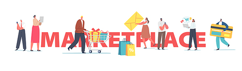 Marketplace Retail Business, Online Shopping Concept. Male and Female Characters Use Digital Devices for Shopping and Purchasing in Internet Poster Banner Flyer. Cartoon People Vector Illustration
