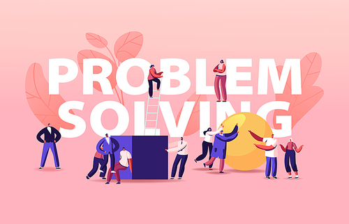Problem Solving Concept. Tiny People Pushing Huge Cube and Ball Figures. Characters Solve Complicated Tasks, Teamwork Cooperation in Business, Decision Poster Banner Flyer. Cartoon Vector Illustration