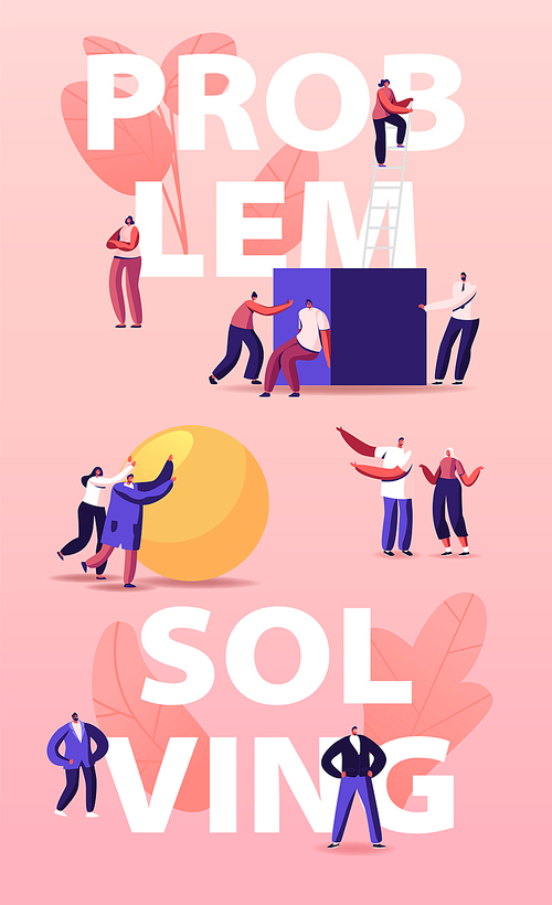Problem Solving Concept. Tiny People Pushing Huge Cube and Ball Figures. Characters Solve Complicated Tasks, Teamwork Cooperation in Business, Decision Poster Banner Flyer. Cartoon Vector Illustration