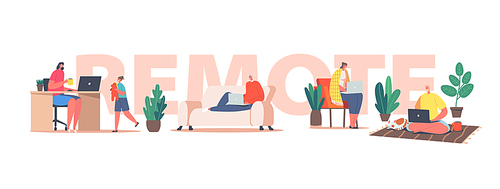 Remote Work Concept. Freelancers Characters Working from Home on Computers. Remote Workplace, Homeworking Outsourced Occupation, Distant Job Poster, Banner or Flyer. Cartoon People Vector Illustration