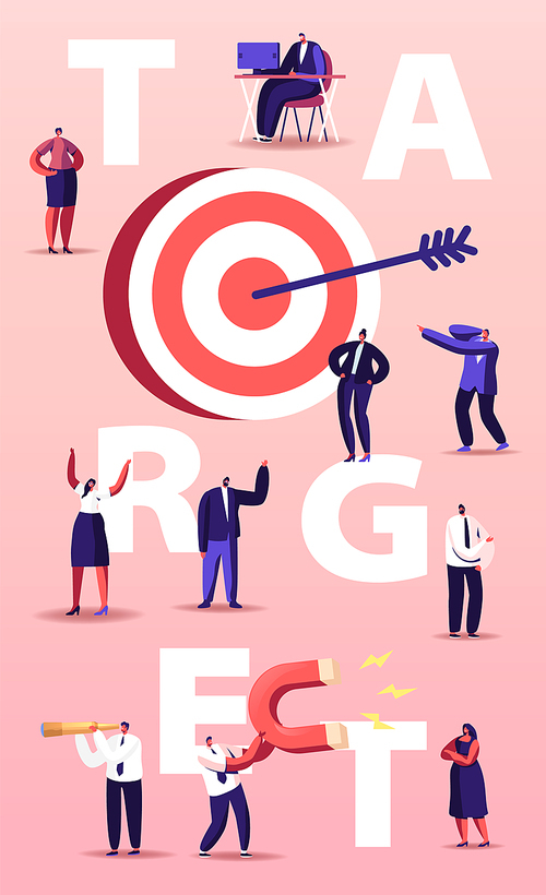 Business Goals Achievement Concept. Businesspeople Characters Team Working around Huge Target with Arrow. Aim Mission, Challenge, Task Solution Poster Banner Flyer. Cartoon People Vector Illustration