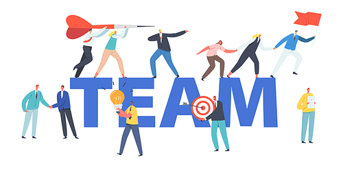 Team Concept. Business Characters Holding Hands Climbing Up to Success, Leader with Red Flag, Business People Growth, Teamwork, Leadership Poster, Banner or Flyer. Cartoon People Vector Illustration