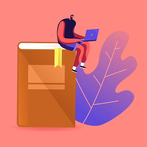 Young Male Character Studying Sitting on Huge Book Using Laptop for Reading or Writing Grammar Test. Distance Learning, Online Education. Exam Preparation with Textbook. Cartoon Vector Illustration