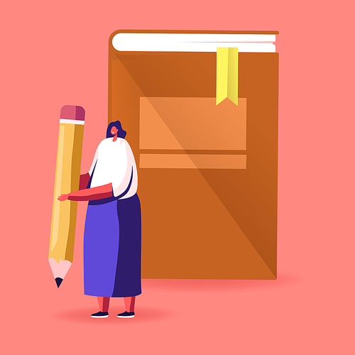 Young Woman Character Hold Pen front of Huge Book Prepare to Grammar Examination or Make Homework. Student Girl Read and Learn. Education in University or College Concept. Cartoon Vector Illustration