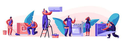 Husband for an Hour, Repair Service Joyful Male Characters in Uniform Working with Instruments Fixing Broken Technics at Home. Electrician, Plumber Call Master at Work Cartoon Flat Vector Illustration