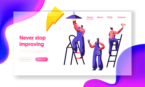 Repair Service Professional Worker Landing Page. Workman on Ladder Change Light Bulb, Paint Wall Brush and Roller . Renovation Team Work in Room Website or Web Page. Flat Cartoon Vector Illustration