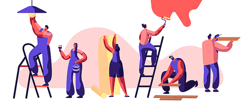 Repair Service Professional Worker. Woman on Ladder Paint Wall Roller in Hand. Human Glues Wallpaper. Man Lay Laminate Floor and Keep Hand Drill. Change Light Bulb. Flat Cartoon Vector Illustration