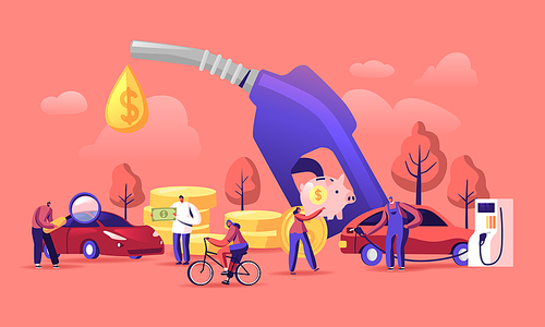 Petrol Economy Concept. Car Refueling on Fuel Station. Man Pumping Gasoline Oil. Service Filling Gas or Biodiesel Into Tank. Automotive Industry or Transportation Cartoon Flat Vector Illustration