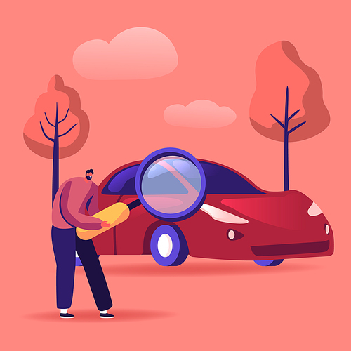 Man Looking on Car through Magnifying Glass, Consumer Choosing Auto for Buying. Transport Gasoline Service for Drivers, Petrol Economy, Vehicle Purchase Concept. Cartoon Flat Vector Illustration