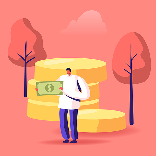 People Collecting and Saving Money Concept. Male Character Holding Huge Dollar Banknote Stand near Golden Coins Pile. Financial Success, Economy and Wealth in Business Cartoon Flat Vector Illustration