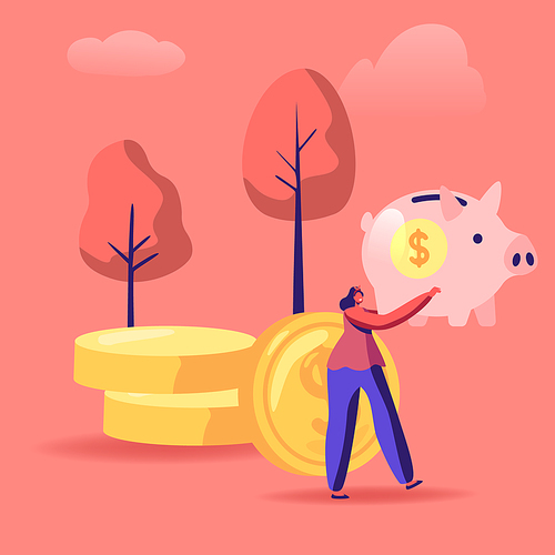 Woman with Piggy Bank in Hands Stand near Golden Coins Pile. People Saving and Collect Money in Thrift-box, Open Bank Deposit. Family Finance Budget Economy Concept Cartoon Flat Vector Illustration