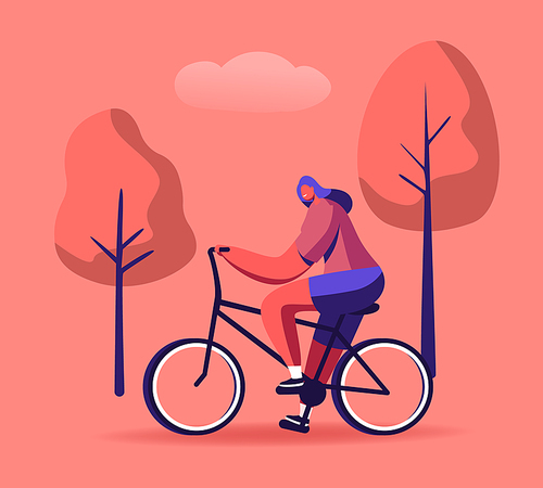 Woman Cyclist Riding Bike Outdoors in Summer Day on Nature Background. Bicycle Active Sport Life and Healthy Lifestyle Activity, Ecology Transport in Town, Bike Rider Cartoon Flat Vector Illustration