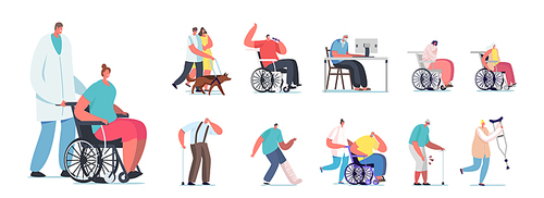 Set of People with Disability. Male and Female Characters Riding Wheelchair and Walking with Crutches, Blind Man with Guide Dog, Invalids Isolated on White Background. Cartoon Vector Illustration