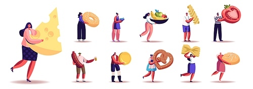 Set of Male and Female Characters with Different Food and Snacks. Men and Women Eat Cheese, Sausage, Fruits, Vegetable and Pasta or Bakery Isolated on White Background. Cartoon People Illustration