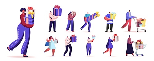 Set of Happy People Carry Wrapped Gift Boxes. Male and Female Characters Prepare for Christmas. Men and Women Buying Presents for Family or Friends Isolated on White Background. Cartoon Illustration