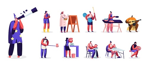 Set Male Female Characters Engage Hobby. Men and Women Painting, Learning Astronomy, Playing Instruments, Making Crockery and Handmade Things Isolated on White Background. Cartoon People Illustration