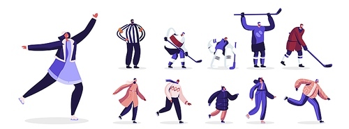 Set of Happy People Wearing Warm Clothes Skating, Hockey Players in Uniform Playing. Male and Female Characters Skaters on Ice Rink, Men and Women Isolated on White Background. Cartoon Illustration