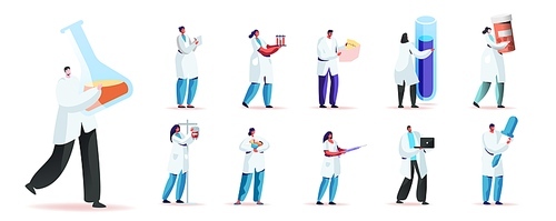 Set Male and Female Characters in Medical Robe Holding Medic Things. Men and Women with Beaker, Glass Flask and Dropper, Lab Staff with Stuff Isolated on White Background. Cartoon People Illustration