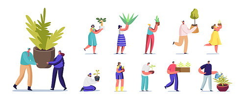 Set of People with Various Plants. Male and Female Characters with Potted Flowers, Gardening Hobby, Tree Planting, Care of Domestic Plants Isolated on White Background. Cartoon Vector Illustration