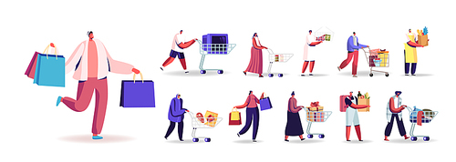 Set of People with Shopping Packages Buying Grocery, Gifts. Male and Female Characters Push Trolley, Carry Paper Bags and Carts in Supermarket Isolated on White Background. Cartoon Vector Illustration