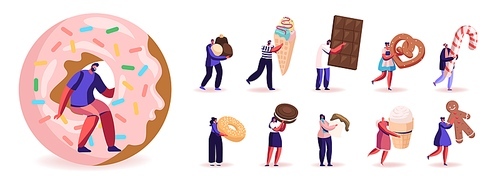 Set of Male and Female Characters Eating Sweets and Snacks. Men and Women Enjoying Different Appetizers Chocolate Bar, Ice Cream and Donut Isolated on White Background. Cartoon People Illustration