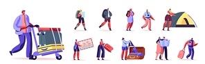 Set of People with Tourist Things. Male and Female Characters Push Trolley with Luggage in Airport, Buying Tickets, Search Way with Map, Set Up Tent Isolated on White Background. Cartoon Vector Illustration