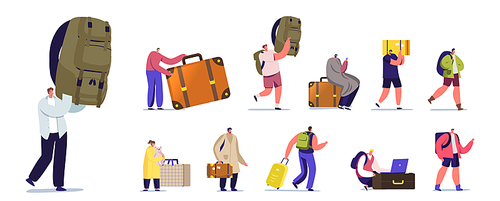 Set Tourists Characters with Luggage. People Go on Summer Time Vacation with Bags, Travel on Resort with Suitcase. Men and Women with Baggage Isolated on White Background. Cartoon Vector Illustration