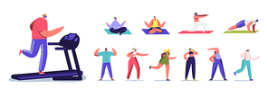 Set of People Cardio Training Workout in Gym. Male and Female Sports Characters Running on Treadmill, Exercising and Doing Yoga Meditation Isolated on White Background. Cartoon Vector Illustration