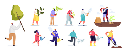 Set of People Work in Garden. Male and Female Characters Planting Trees, Care of Green Sprouts Using Working Instruments Rake, Watering Can Isolated on White Background. Cartoon Vector Illustration