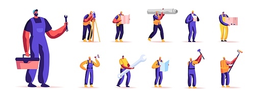 Set of People Workers Profession. Male Characters in Working Overalls Holding Different Instruments and Equipment for Construction Works Isolated on White Background. Cartoon Vector Illustration